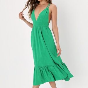 Lulus Warm Weather Wishes Green Strappy Tiered Midi Dress With Pockets - Size S